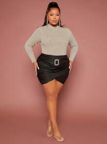 SHEIN SXY Plus Rhinestone Buckled Detail Ruched Wrap PU Skirt - Black - View 3