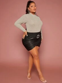 SHEIN SXY Plus Rhinestone Buckled Detail Ruched Wrap PU Skirt - Black - View 6