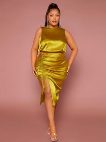 SHEIN SXY Plus Solid Tank Top & Drawstring Split Thigh Skirt - Gold - View 1