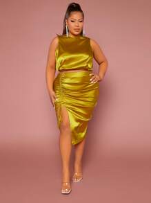 SHEIN SXY Plus Solid Tank Top & Drawstring Split Thigh Skirt - Gold - View 4