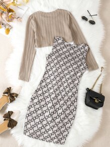 Girls High Low Hem Tee & Allover Print Tank Dress - Multicolor - View 2