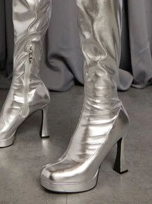 金屬質感PU皮革過膝防水台高跟靴子 - 銀色 - 查看 2