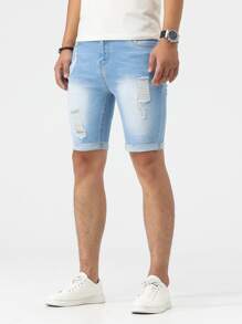 Manfinity LEGND Shorts mezclilla rotos bajo de doblez - Lavado ligero - Ver 1