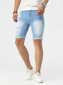 Manfinity LEGND Shorts mezclilla rotos bajo de doblez - Lavado ligero - Ver 3