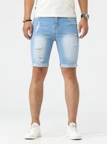 Manfinity LEGND Shorts mezclilla rotos bajo de doblez - Lavado ligero - Ver 5