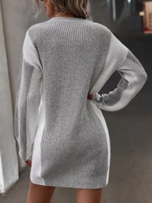 Two Tone Drop Shoulder Jumper Dress Without Belt - Grey - View 2