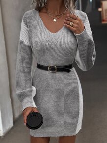 Two Tone Drop Shoulder Jumper Dress Without Belt - Grey - View 3