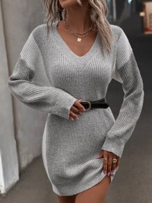 Two Tone Drop Shoulder Jumper Dress Without Belt - Grey - View 4