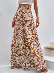 Breezaya Tropical Print Wide Leg Pants Fall Cloth For Women - Brown - View 5