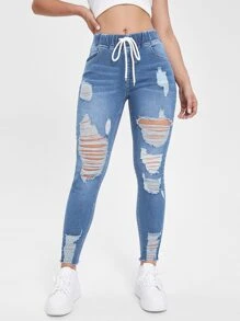 SHEIN Essnce Cut Out Drawstring Waist Ripped Raw Hem Skinny Jeans - Light Wash - View 1