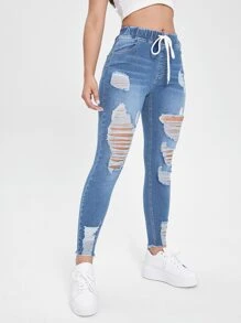 SHEIN Essnce Cut Out Drawstring Waist Ripped Raw Hem Skinny Jeans - Light Wash - View 4