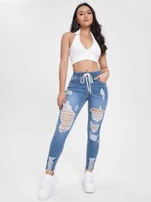 SHEIN Essnce Cut Out Drawstring Waist Ripped Raw Hem Skinny Jeans - Light Wash - View 5