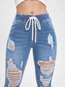 SHEIN Essnce Cut Out Drawstring Waist Ripped Raw Hem Skinny Jeans - Light Wash - View 2