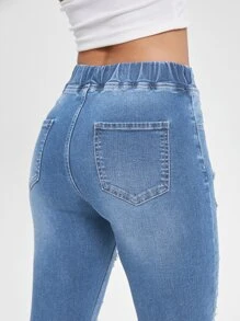 SHEIN Essnce Cut Out Drawstring Waist Ripped Raw Hem Skinny Jeans - Light Wash - View 8
