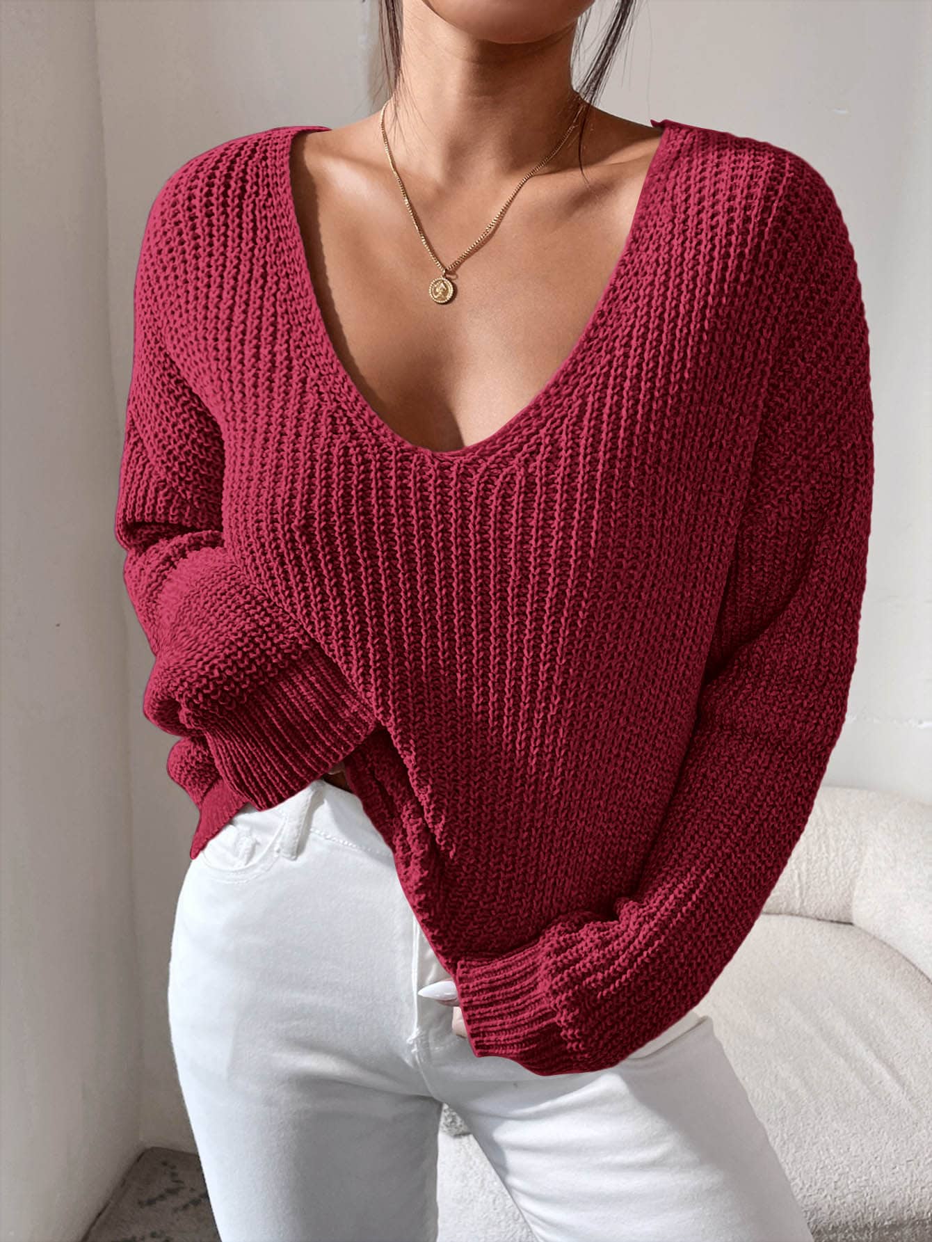 RueChic V Neck Drop Shoulder Jumper - Burgundy - View 1