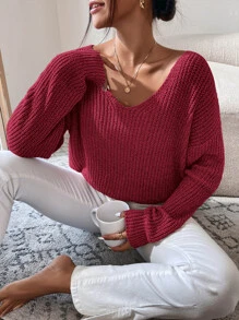 RueChic V Neck Drop Shoulder Jumper - Burgundy - View 5