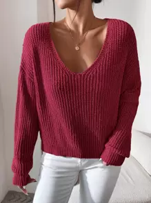 RueChic V Neck Drop Shoulder Jumper - Burgundy - View 6