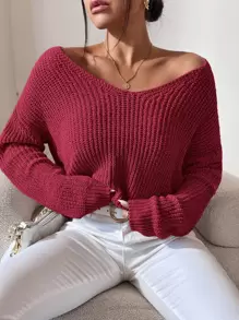 RueChic V Neck Drop Shoulder Jumper - Burgundy - View 7