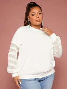 SHEIN SXY Plus Contrast Mesh Raglan Sleeve Sweatshirt - White - View 5