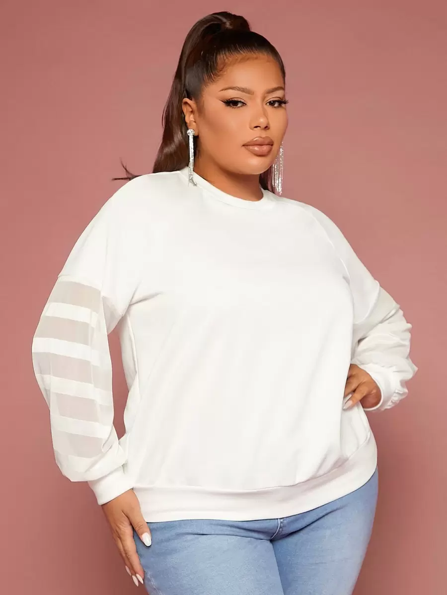 SHEIN SXY Plus Contrast Mesh Raglan Sleeve Sweatshirt - White - View 1