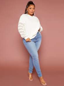 SHEIN SXY Plus Contrast Mesh Raglan Sleeve Sweatshirt - White - View 2