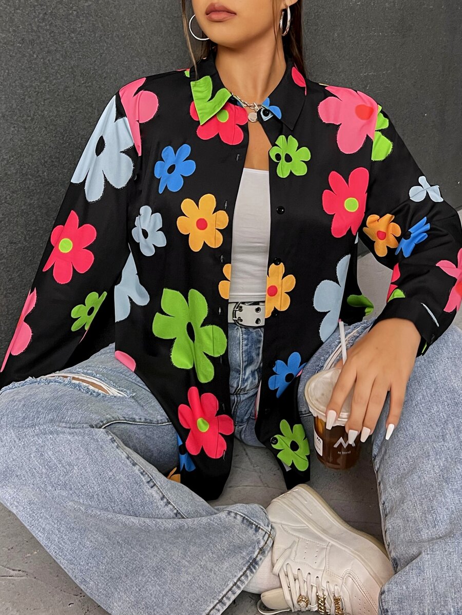 SHEIN Qutie Plus Floral Print Button Front Shirt - Multicolor - View 1