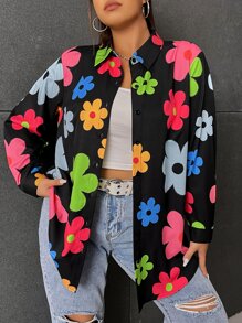 SHEIN Qutie Plus Floral Print Button Front Shirt - Multicolor - View 3