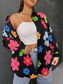 SHEIN Qutie Plus Floral Print Button Front Shirt - Multicolor - View 5