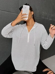 SHEIN LUNE Plus Size Striped Half Zip Drawstring Sweatshirt Pullover Fall - White - View 3