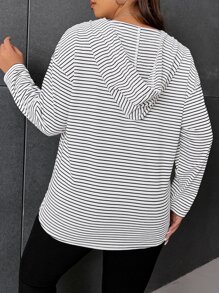 SHEIN LUNE Plus Size Striped Half Zip Drawstring Sweatshirt Pullover Fall - White - View 2