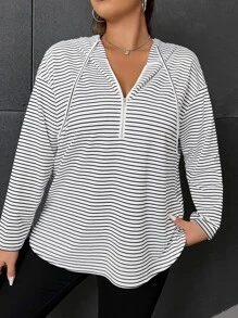 SHEIN LUNE Plus Size Striped Half Zip Drawstring Sweatshirt Pullover Fall - White - View 1