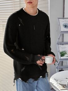 Manfinity EMRG Men Drop Shoulder Ripped Distressed Jumper - Black - View 1