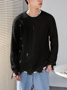 Manfinity EMRG Men Drop Shoulder Ripped Distressed Jumper - Black - View 3