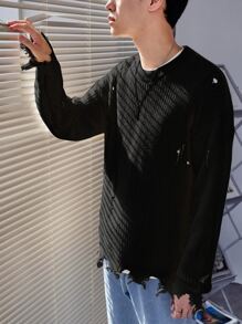 Manfinity EMRG Men Drop Shoulder Ripped Distressed Jumper - Black - View 4