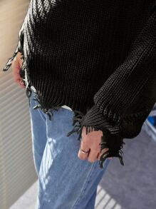 Manfinity EMRG Men Drop Shoulder Ripped Distressed Jumper - Black - View 6