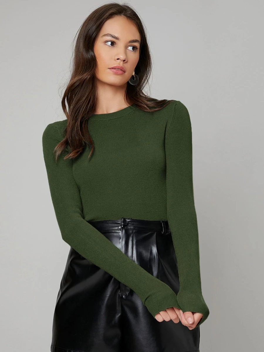 BizChic Solid Boat Neck Sweater Workwear,Long Sleeve Tops - Army Green - View 1