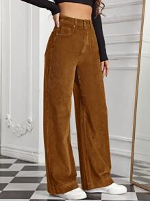 SHEIN EZwear High Waist Slant Pocket Cord Pants - Brown - View 1