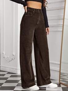 SHEIN EZwear High Waist Slant Pocket Corduroy Pants