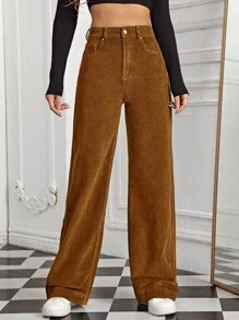 SHEIN EZwear High Waist Slant Pocket Cord Pants - Brown - View 5