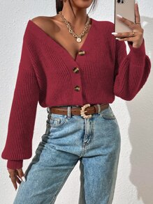 SHEIN Essnce Drop Shoulder Ribbed Knit Cardigan - Burgundy - View 1