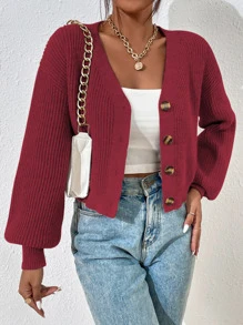 SHEIN Essnce Drop Shoulder Ribbed Knit Cardigan - Burgundy - View 4