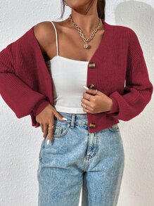 SHEIN Essnce Drop Shoulder Ribbed Knit Cardigan - Burgundy - View 7