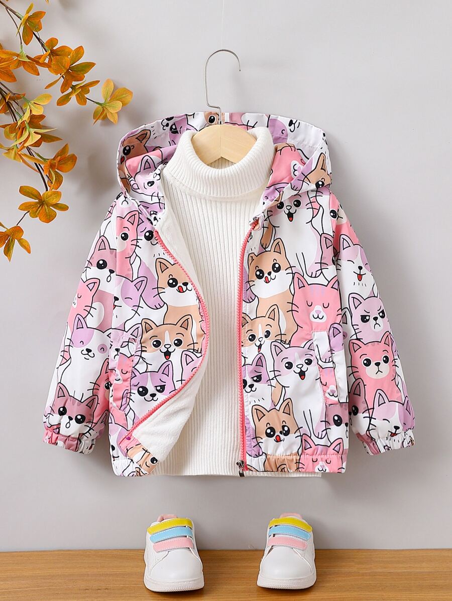 小女童滿版卡通圖案加絨內裏連帽夾克無毛衣