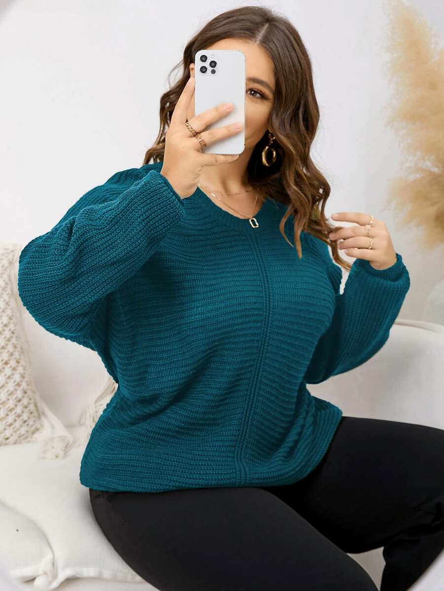 SHEIN LUNE Plus Batwing Sleeve Jumper - Teal Blue - View 1