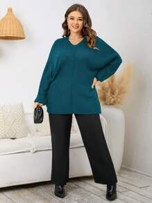 SHEIN LUNE Plus Batwing Sleeve Jumper - Teal Blue - View 3