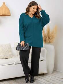 SHEIN LUNE Plus Batwing Sleeve Jumper - Teal Blue - View 4