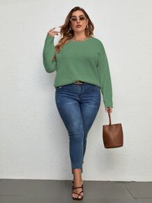 SHEIN LUNE Áo len Plus Size màu trơn Giải trí - màu xanh lá - Xem 3