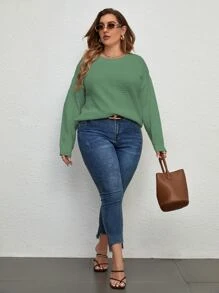 SHEIN LUNE Áo len Plus Size màu trơn Giải trí - màu xanh lá - Xem 4