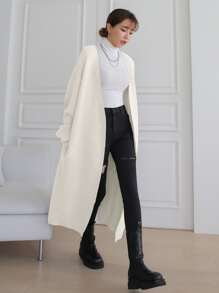 DAZY Drop Shoulder Longline Cardigan Without Belt - Beige - View 1