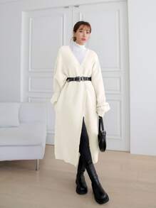 DAZY Drop Shoulder Longline Cardigan Without Belt - Beige - View 3